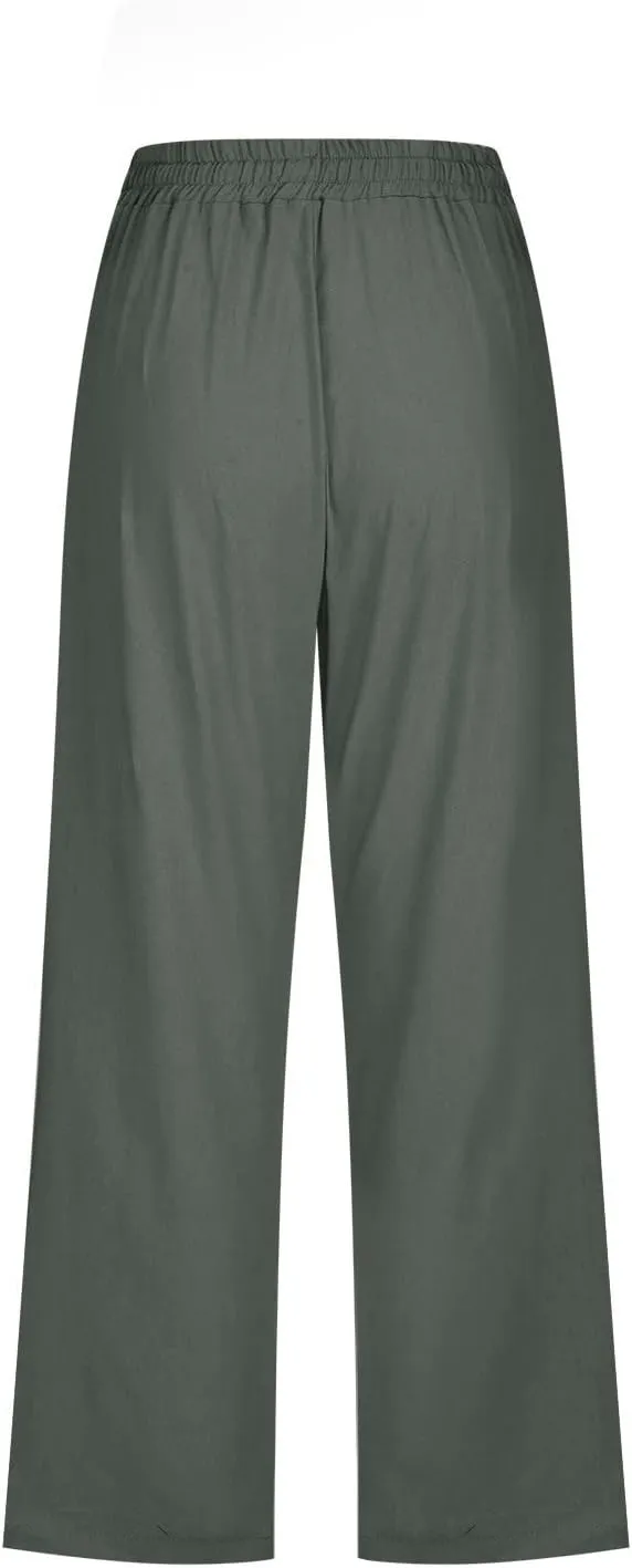 Capri Pants for Women Casual Summer Cotton Linen Pant Beach Trendy Straight Leg Cropped Trouser