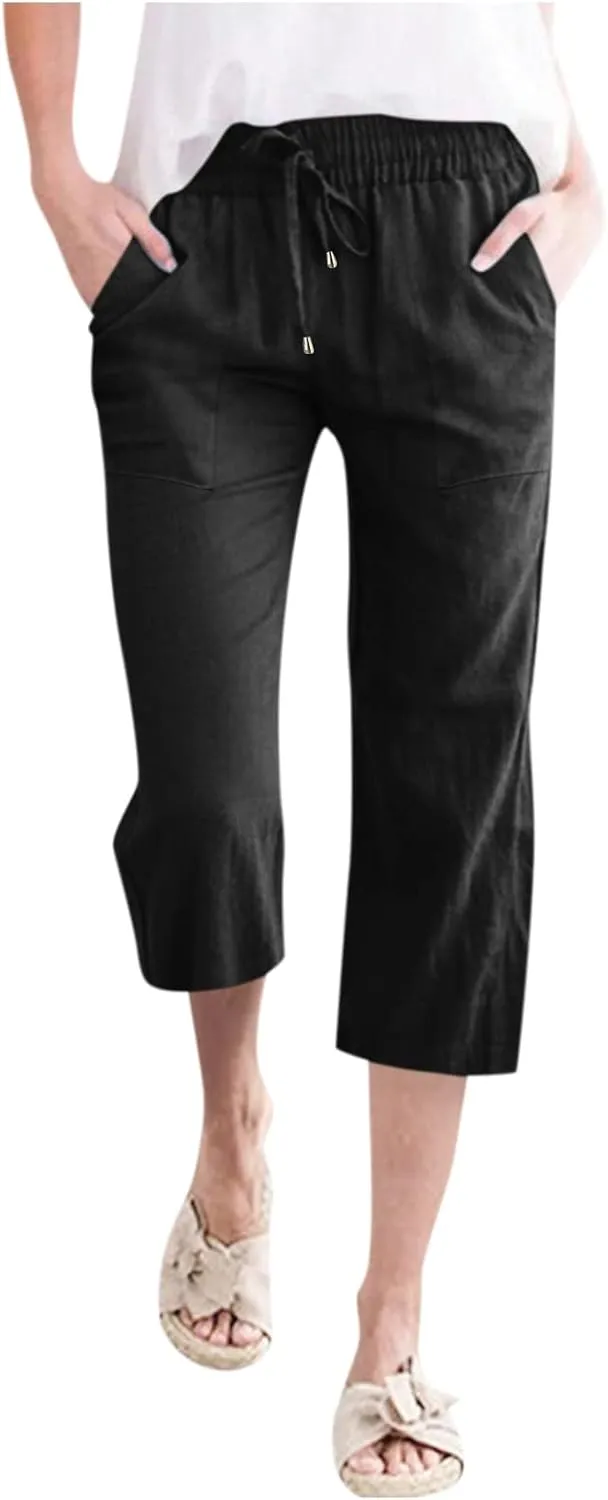 Capri Pants for Women Casual Summer Cotton Linen Pant Beach Trendy Straight Leg Cropped Trouser