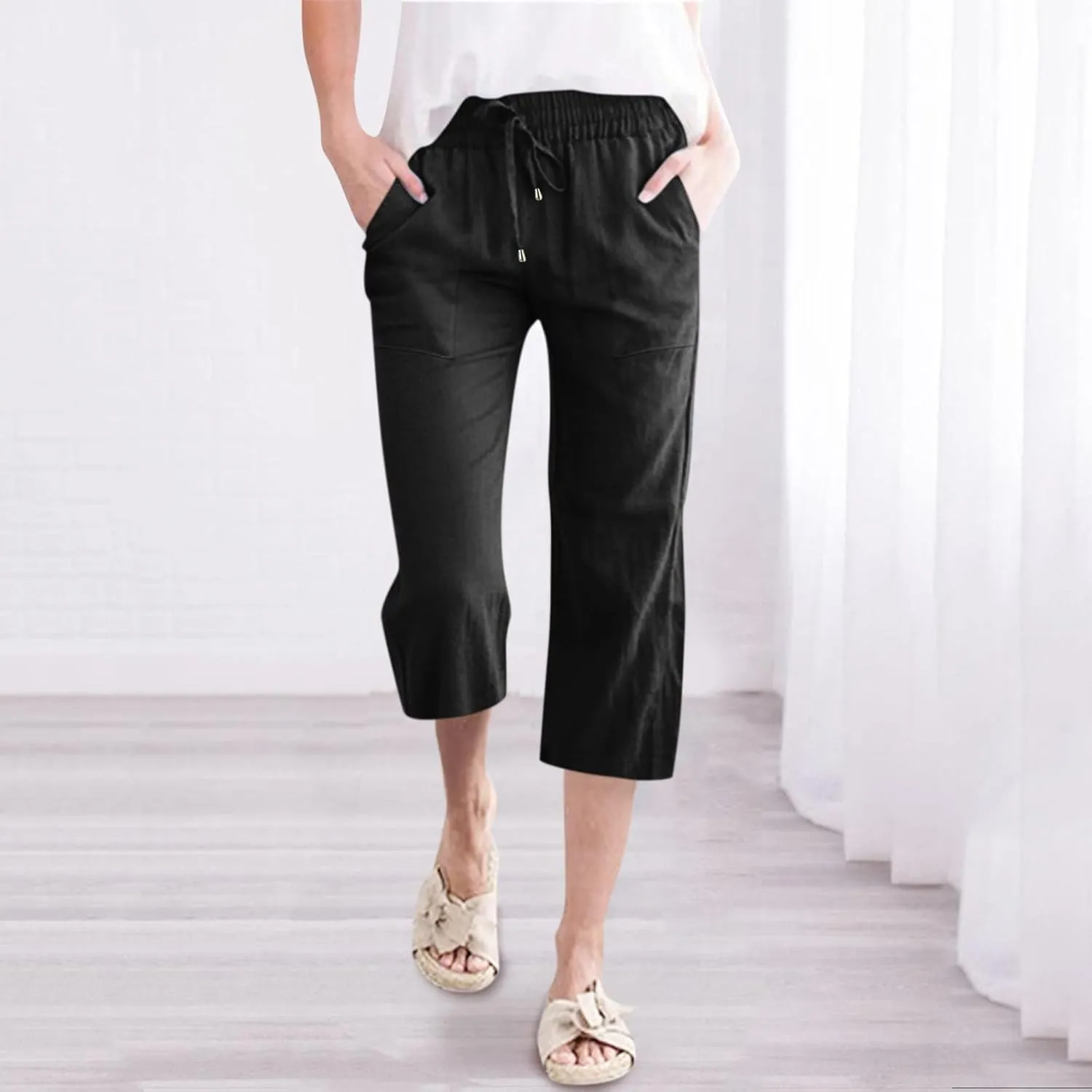 Capri Pants for Women Casual Summer Cotton Linen Pant Beach Trendy Straight Leg Cropped Trouser