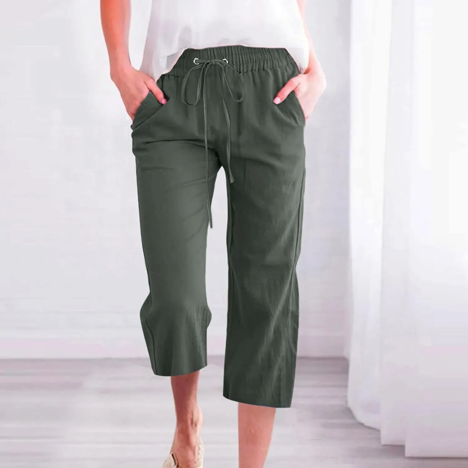 Capri Pants for Women Casual Summer Cotton Linen Pant Beach Trendy Straight Leg Cropped Trouser