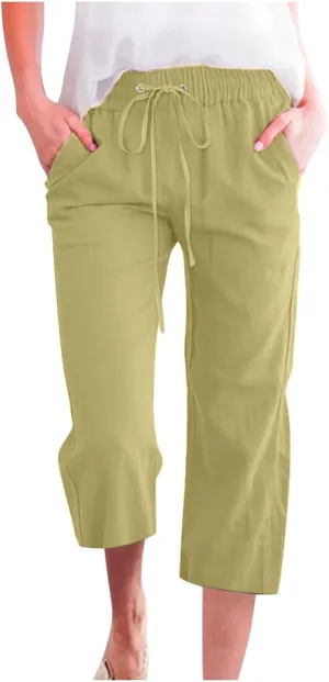 Capris Pants for Women Casual Summer Cotton Linen Pant Lounge Palazzo Drawstring Wide Leg Cropped Trouser
