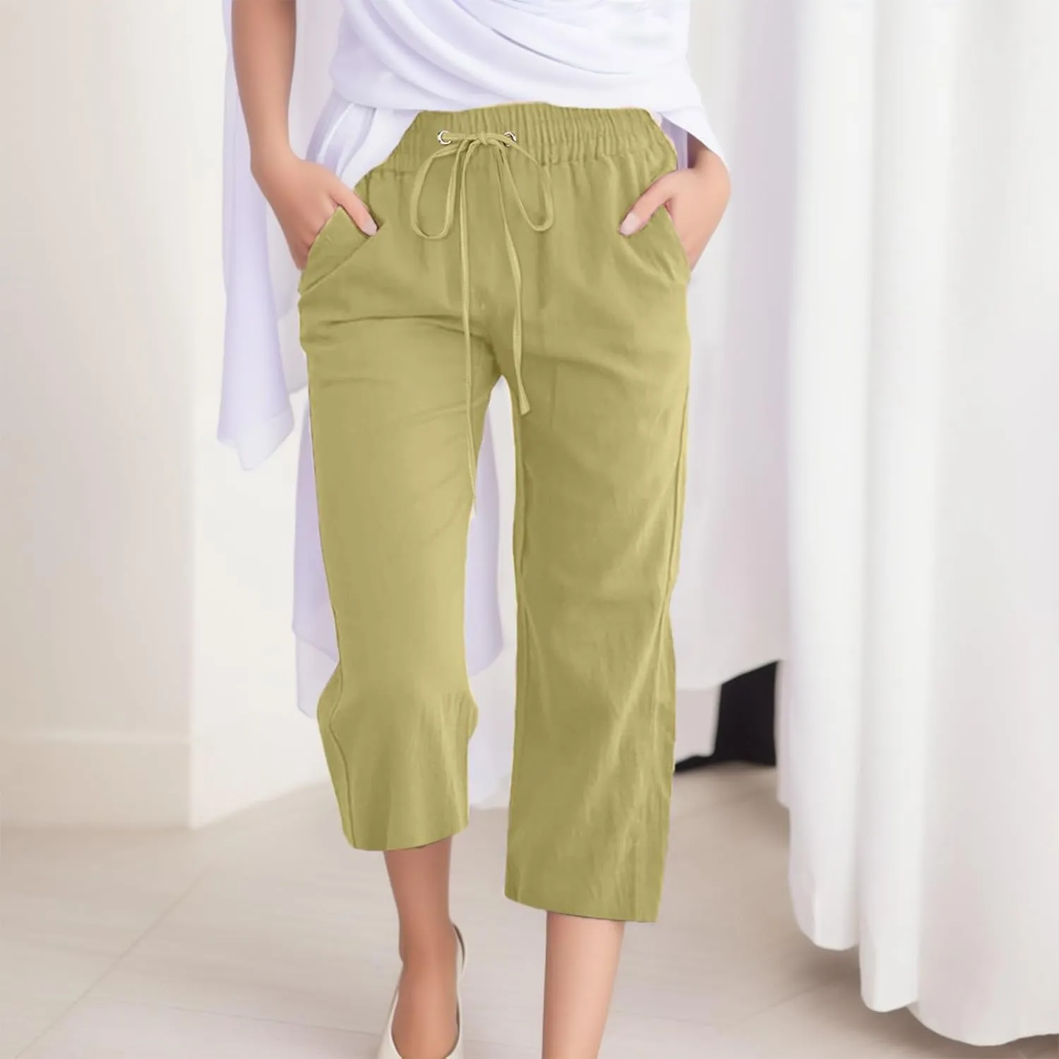 Capris Pants for Women Casual Summer Cotton Linen Pant Lounge Palazzo Drawstring Wide Leg Cropped Trouser