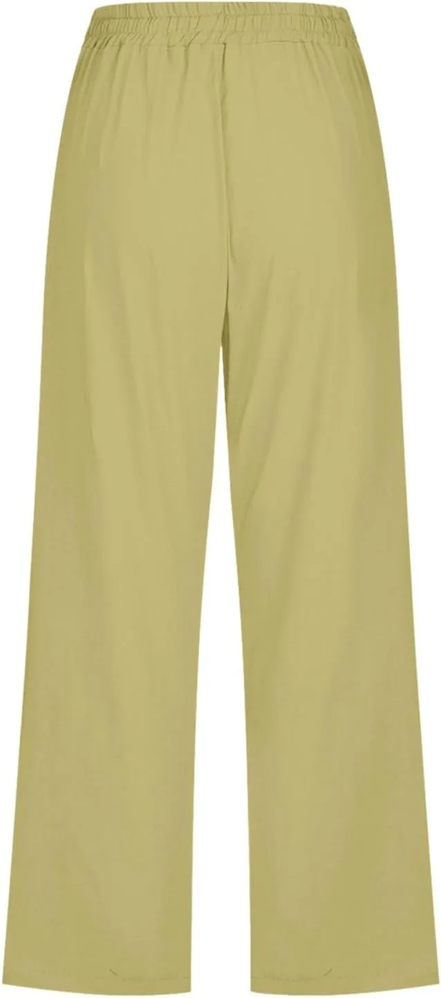 Capris Pants for Women Casual Summer Cotton Linen Pant Lounge Palazzo Drawstring Wide Leg Cropped Trouser