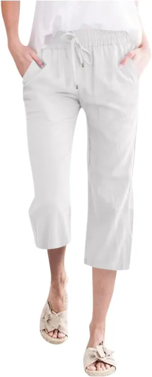 Capris Pants for Women Casual Summer Cotton Linen Pant Lounge Palazzo Drawstring Wide Leg Cropped Trouser