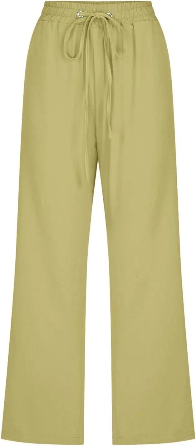 Capris Pants for Women Casual Summer Cotton Linen Pant Lounge Palazzo Drawstring Wide Leg Cropped Trouser