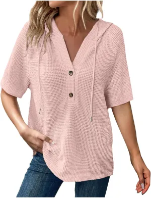 Casual Solid Button-up Hoodies for Women Summer Basic V Neck Half Sleeve Shirt Loose Oversized Dressy Ladies Blouse