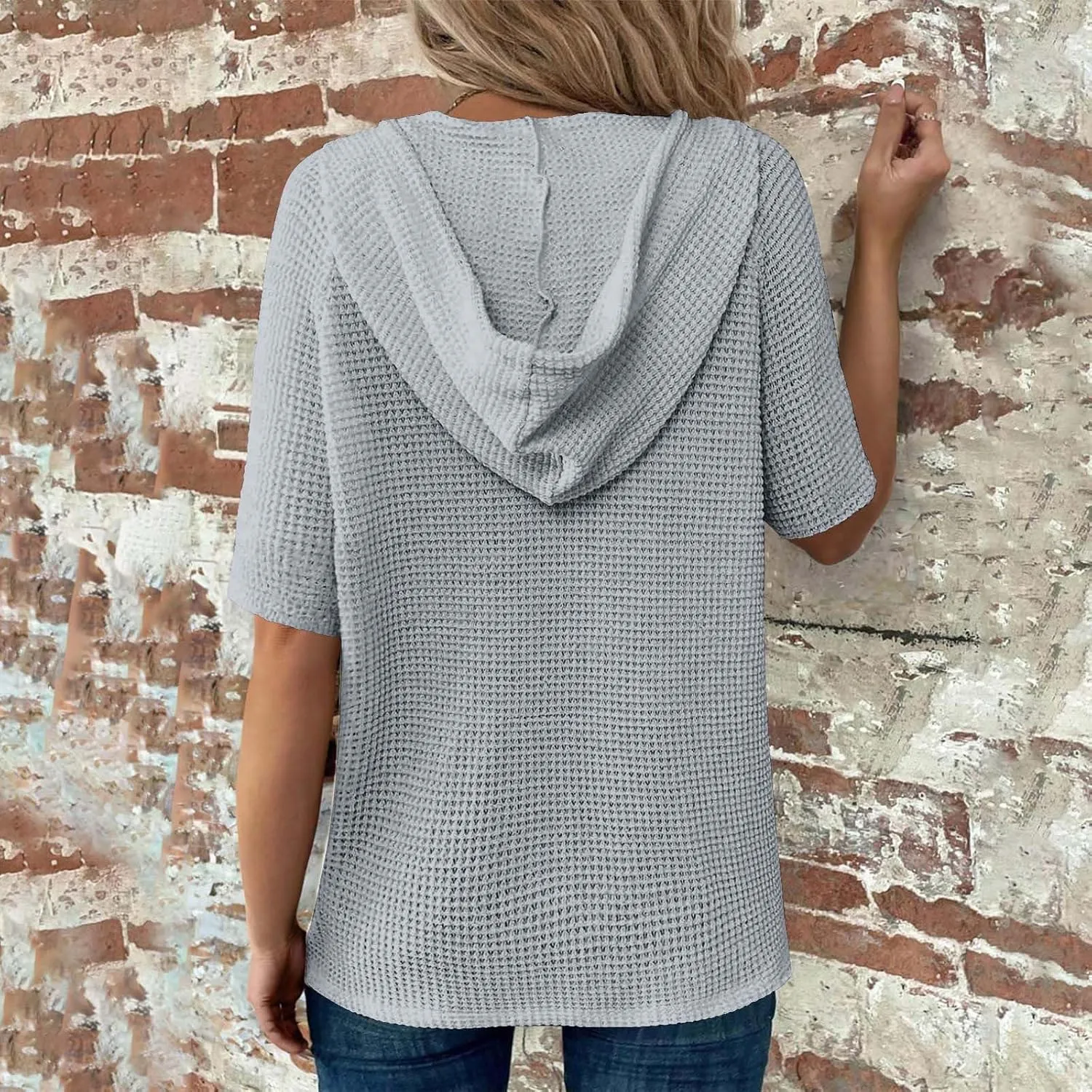 Casual Solid Button-up Hoodies for Women Summer Basic V Neck Half Sleeve Shirt Loose Oversized Dressy Ladies Blouse