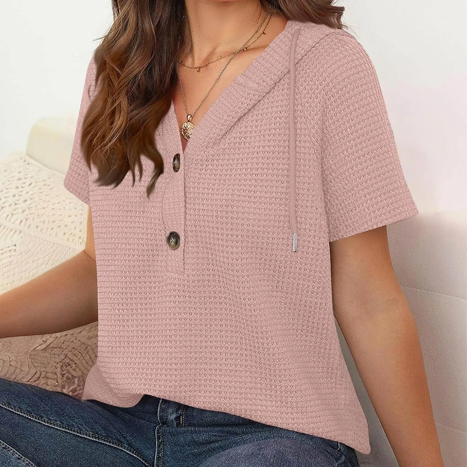 Casual Solid Button-up Hoodies for Women Summer Basic V Neck Half Sleeve Shirt Loose Oversized Dressy Ladies Blouse