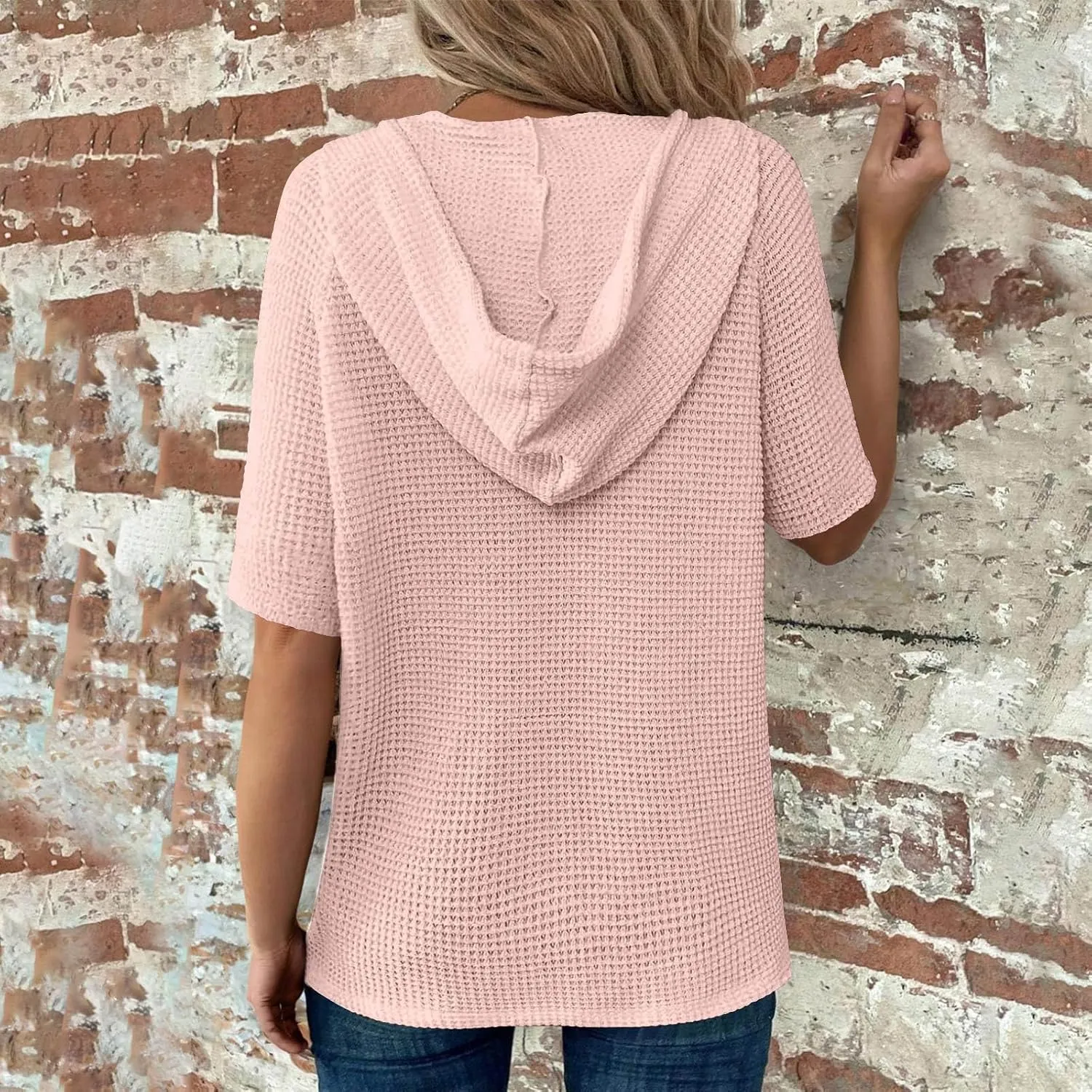 Casual Solid Button-up Hoodies for Women Summer Basic V Neck Half Sleeve Shirt Loose Oversized Dressy Ladies Blouse