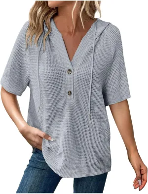 Casual Solid Button-up Hoodies for Women Summer Basic V Neck Half Sleeve Shirt Loose Oversized Dressy Ladies Blouse