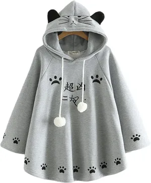 Cat Ears Women Kawaii Hoodie Cloak Anime Cute Aesthetic Japanese Cat Paw Harajuku Cartoon Cosplay Y2K Alternative Top