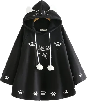 Cat Ears Women Kawaii Hoodie Cloak Anime Cute Aesthetic Japanese Cat Paw Harajuku Cartoon Cosplay Y2K Alternative Top