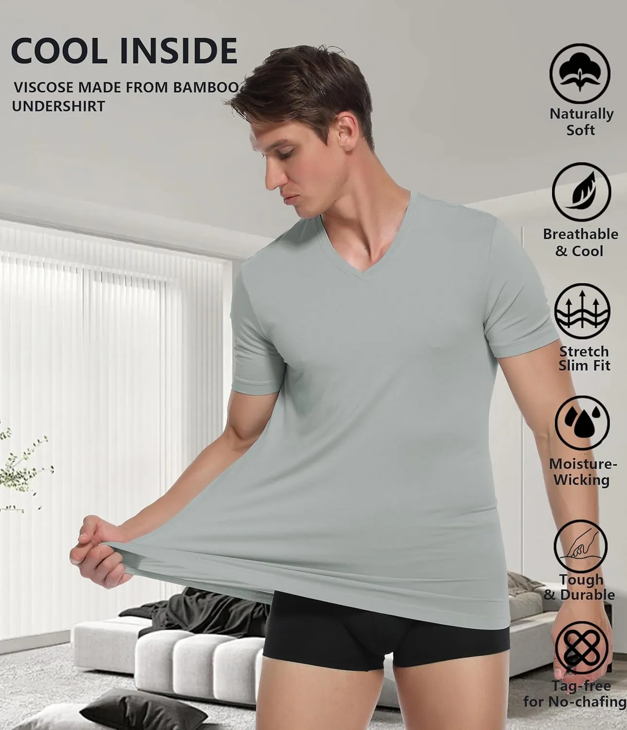 CF Men's Undershirts Bamboo Rayon Shirts for Men Moisture Wicking T-Shirt Classic V Neck Cooling Tee Shirts 3/5 Pack