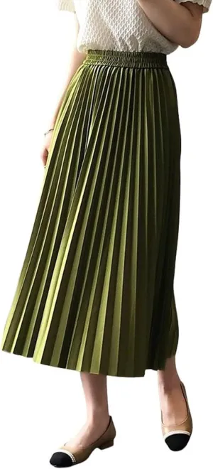 CHARTOU Women's Summer Elastic High Waist Pleated Accordion A-Line Midi Long Skirt