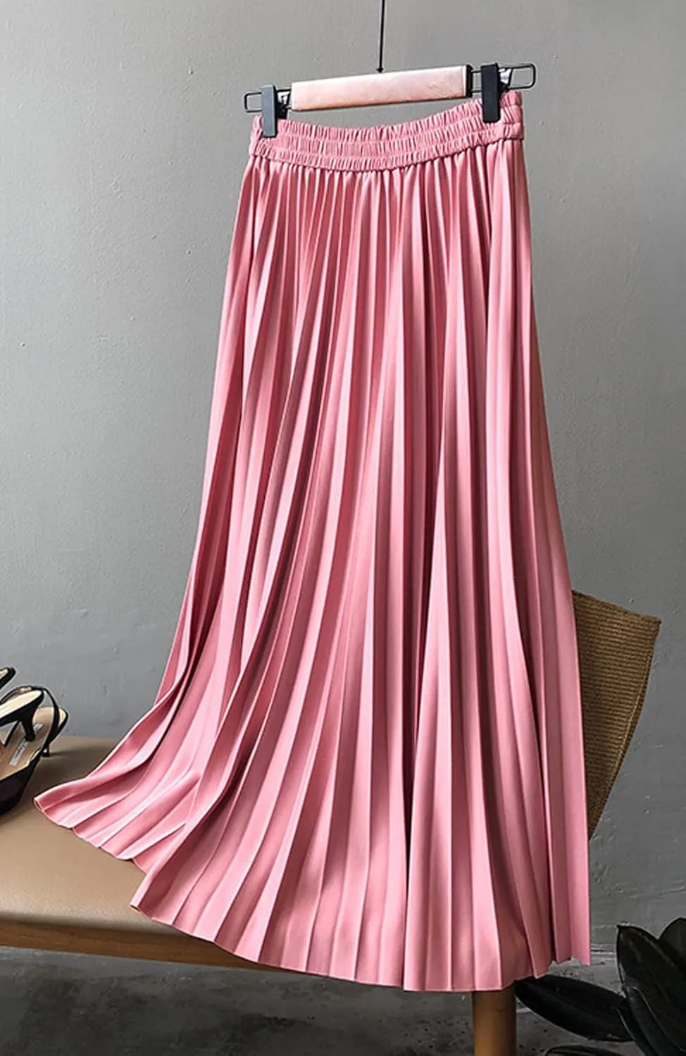 CHARTOU Women's Summer Elastic High Waist Pleated Accordion A-Line Midi Long Skirt