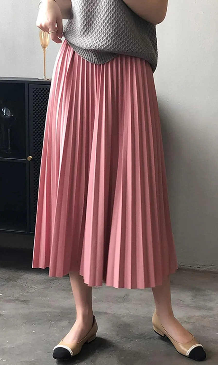 CHARTOU Women's Summer Elastic High Waist Pleated Accordion A-Line Midi Long Skirt