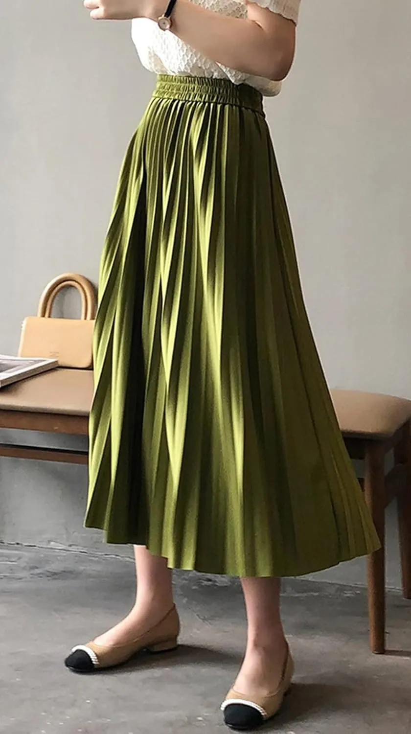 CHARTOU Women's Summer Elastic High Waist Pleated Accordion A-Line Midi Long Skirt