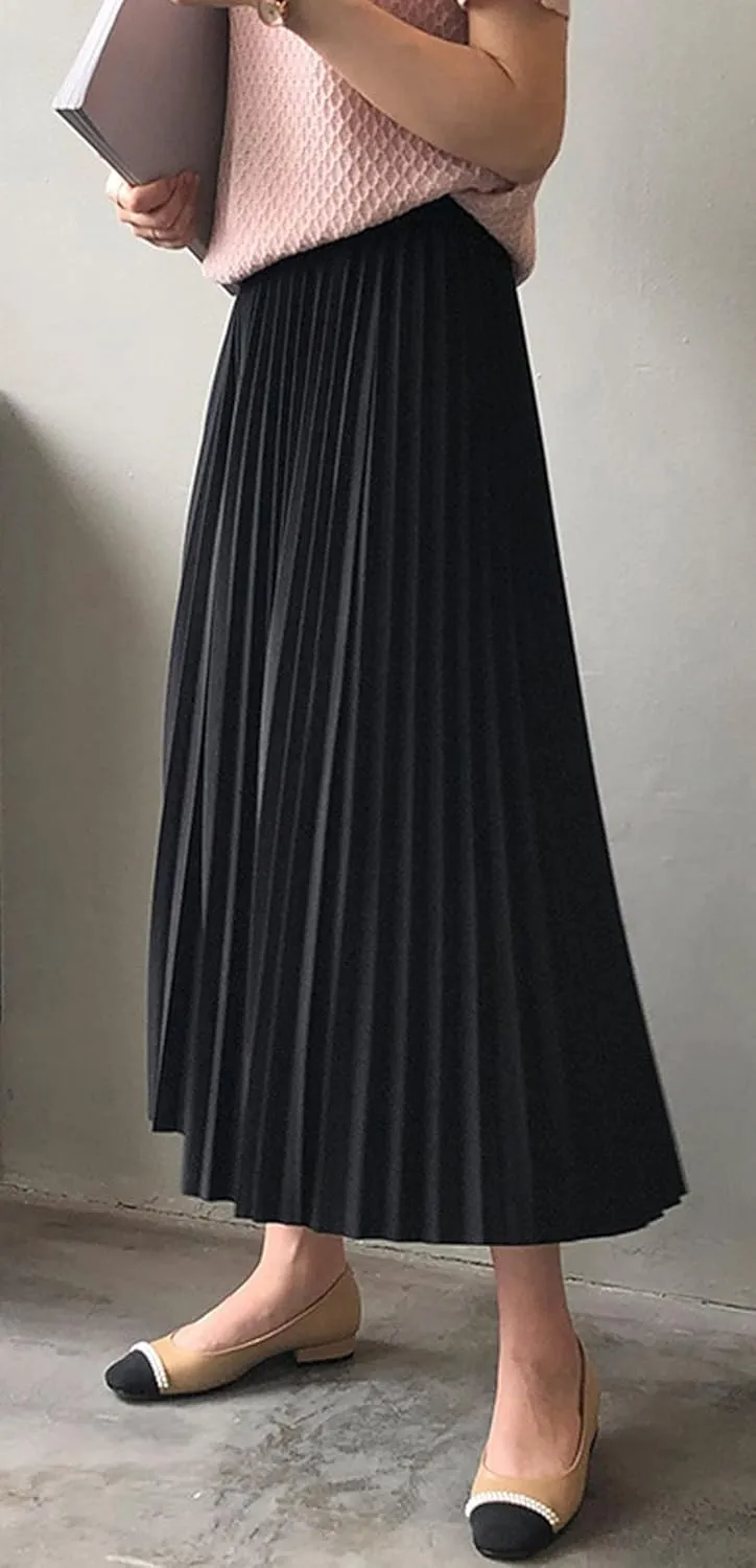 CHARTOU Women's Summer Elastic High Waist Pleated Accordion A-Line Midi Long Skirt