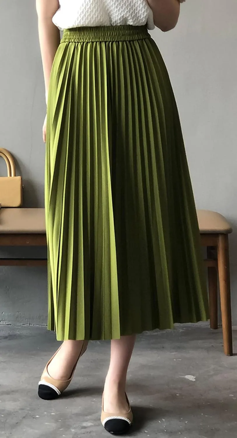 CHARTOU Women's Summer Elastic High Waist Pleated Accordion A-Line Midi Long Skirt