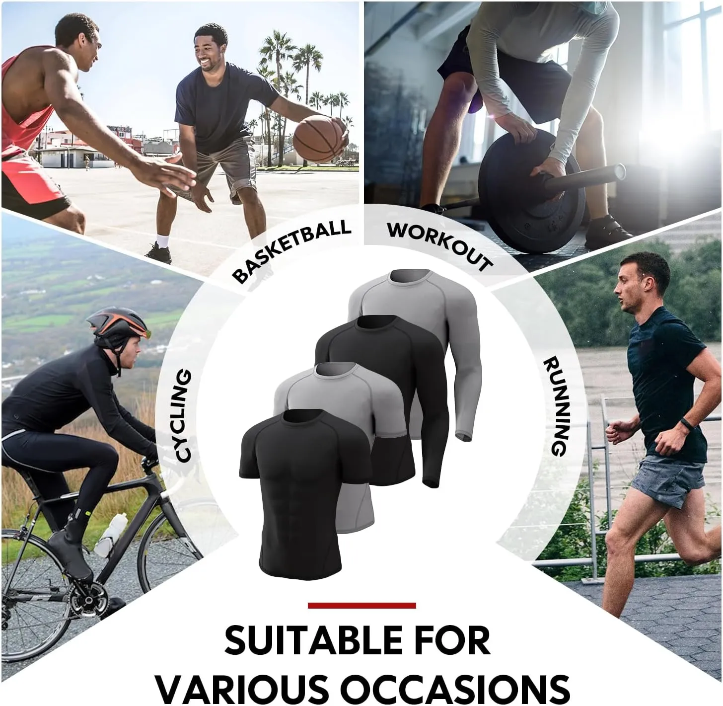CL convallaria 4 Pack Compression Shirt Men Long Short Sleeve Cooling Dry Rash Guard Athletic T Shirt for Sports