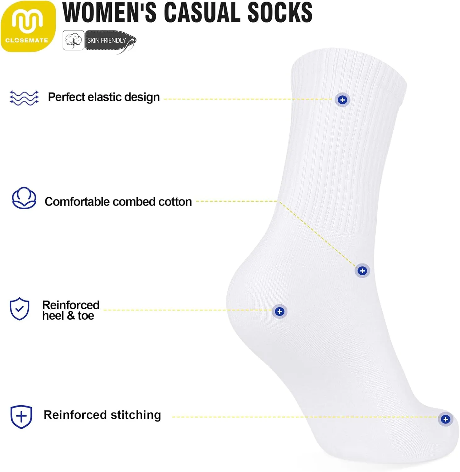 CLOSEMATE Womens Calf Crew Socks Comfortable Soft Cotton and Lightweight 5 Pairs