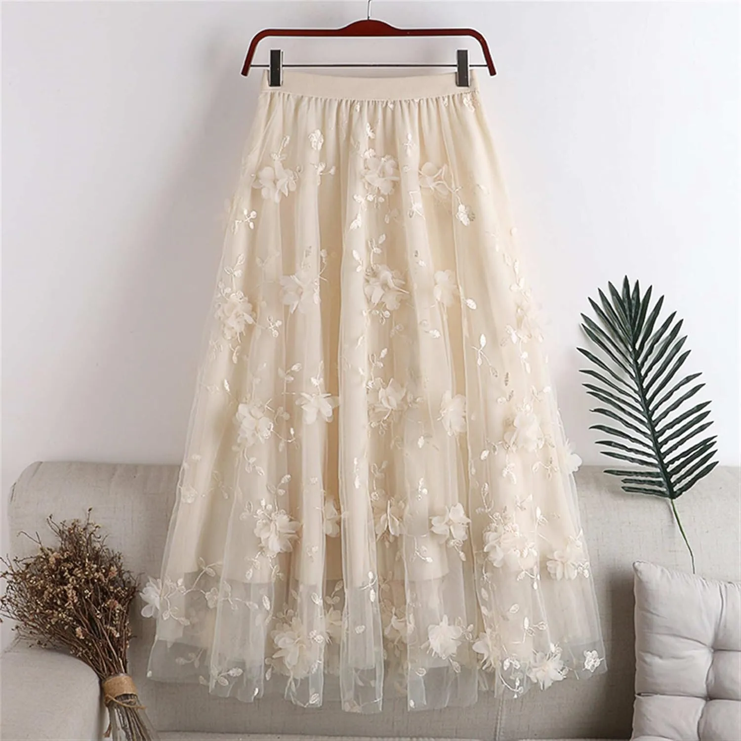 Cute Floral High Waisted Tulle Skirts for Women Trendy Summer Pleated Layered Mesh Long Flowy A Line Midi Fairy Skirt