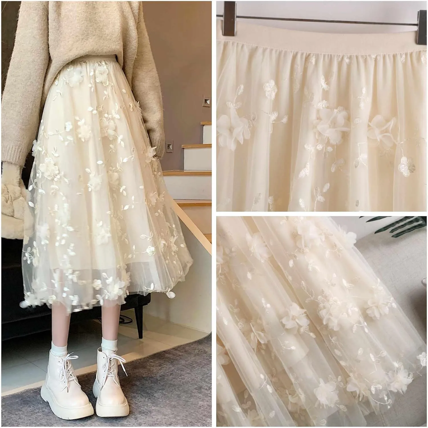 Cute Floral High Waisted Tulle Skirts for Women Trendy Summer Pleated Layered Mesh Long Flowy A Line Midi Fairy Skirt