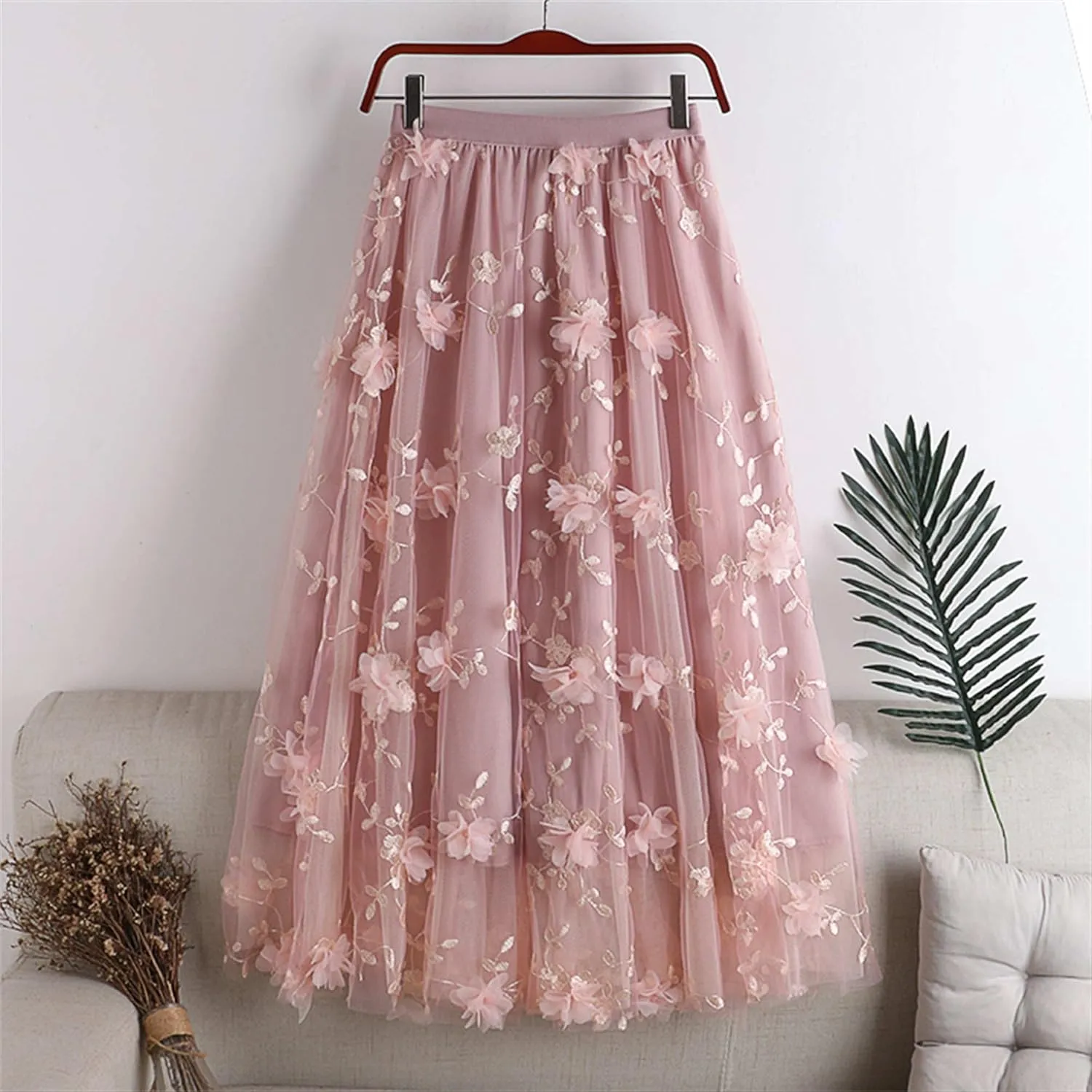 Cute Floral High Waisted Tulle Skirts for Women Trendy Summer Pleated Layered Mesh Long Flowy A Line Midi Fairy Skirt