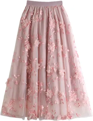 Cute Floral High Waisted Tulle Skirts for Women Trendy Summer Pleated Layered Mesh Long Flowy A Line Midi Fairy Skirt