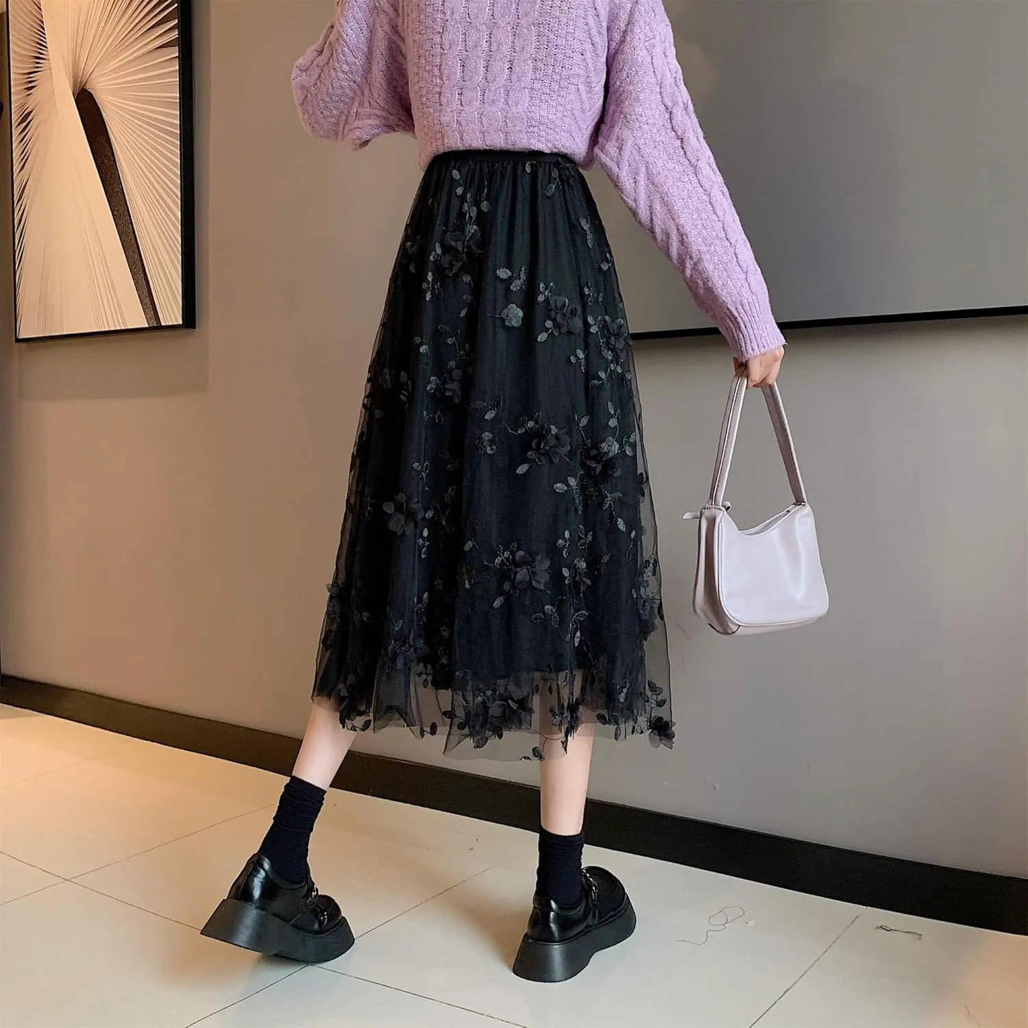 Cute Floral High Waisted Tulle Skirts for Women Trendy Summer Pleated Layered Mesh Long Flowy A Line Midi Fairy Skirt