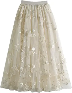 Cute Floral High Waisted Tulle Skirts for Women Trendy Summer Pleated Layered Mesh Long Flowy A Line Midi Fairy Skirt