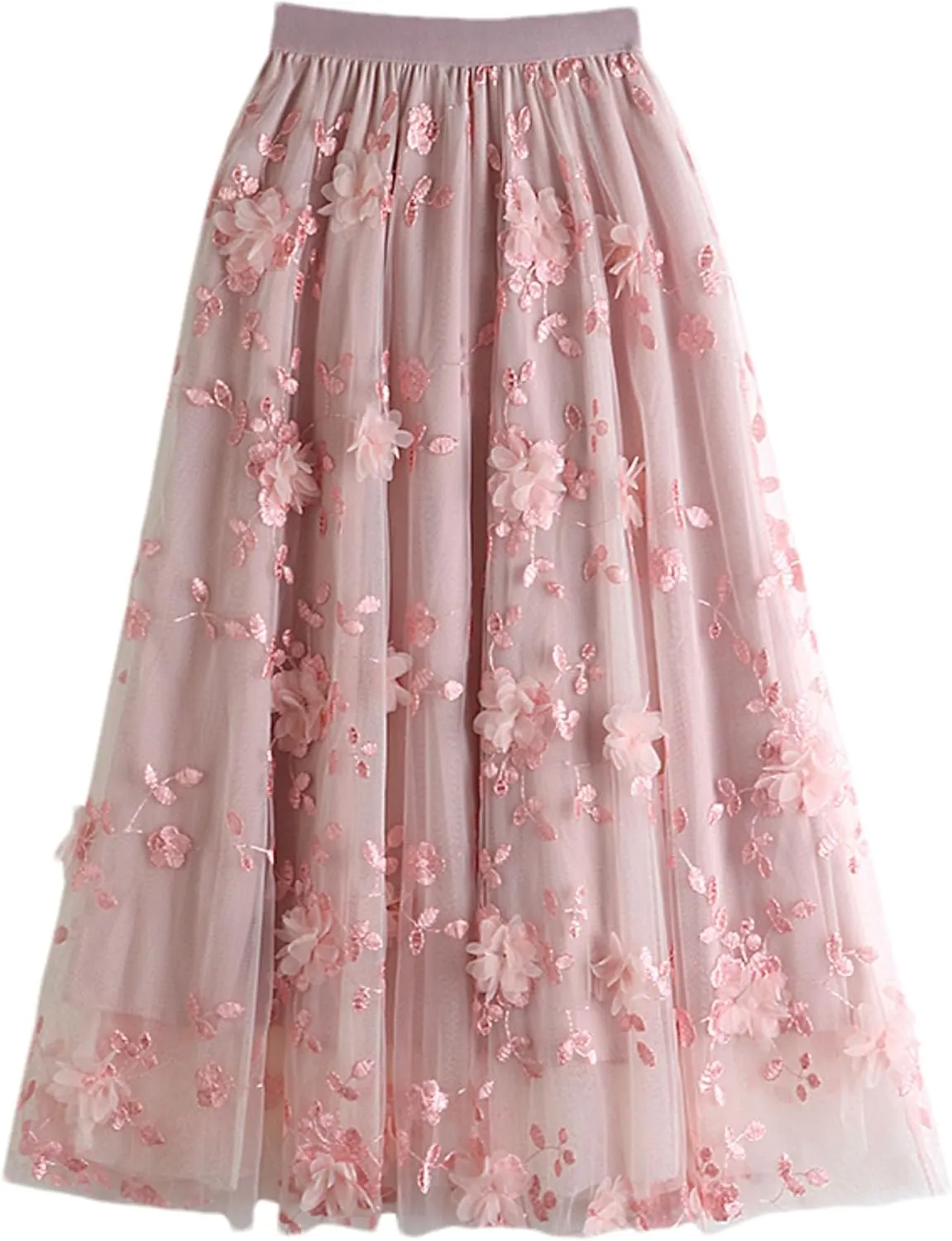 Cute Floral High Waisted Tulle Skirts for Women Trendy Summer Pleated Layered Mesh Long Flowy A Line Midi Fairy Skirt