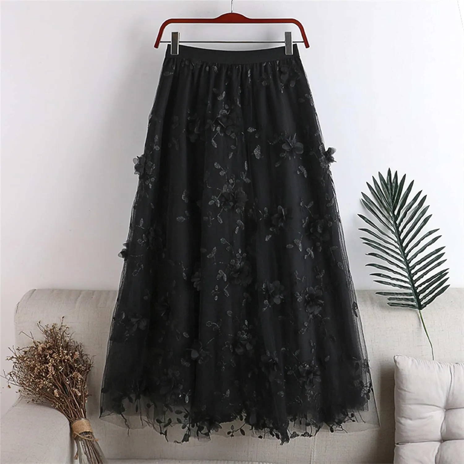 Cute Floral High Waisted Tulle Skirts for Women Trendy Summer Pleated Layered Mesh Long Flowy A Line Midi Fairy Skirt