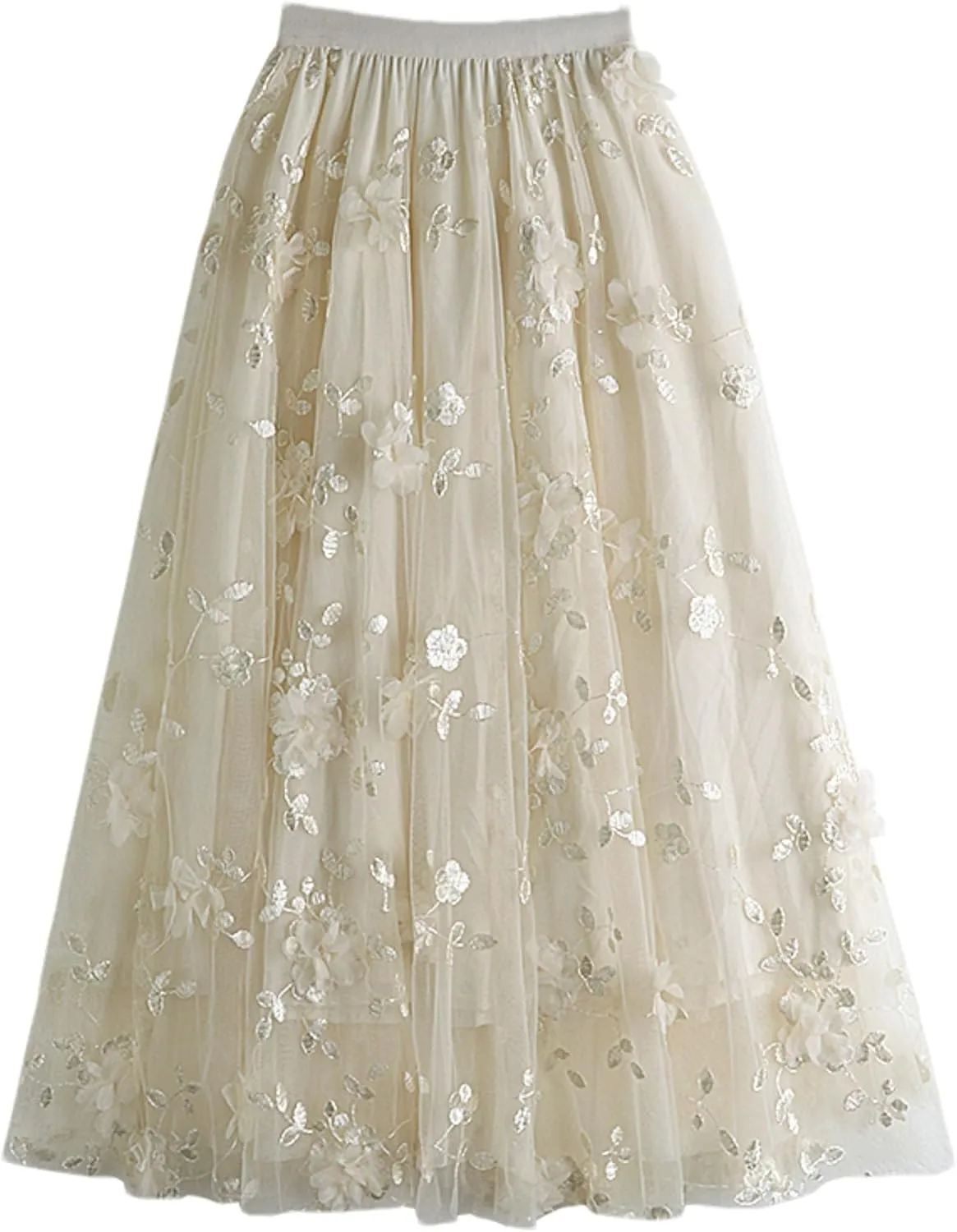 Cute Floral High Waisted Tulle Skirts for Women Trendy Summer Pleated Layered Mesh Long Flowy A Line Midi Fairy Skirt