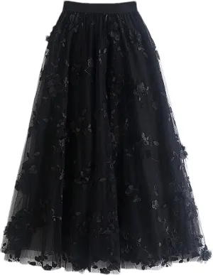 Cute Floral High Waisted Tulle Skirts for Women Trendy Summer Pleated Layered Mesh Long Flowy A Line Midi Fairy Skirt