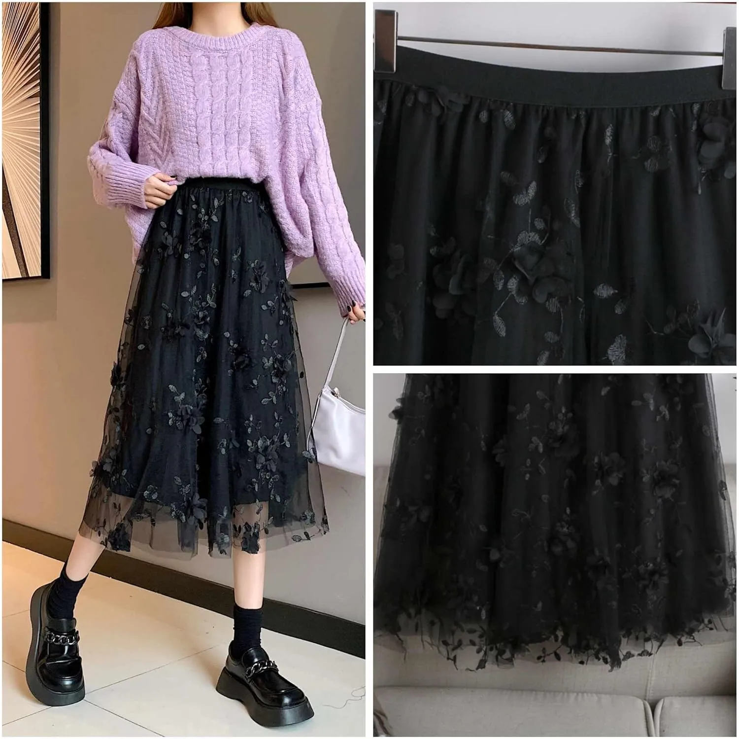 Cute Floral High Waisted Tulle Skirts for Women Trendy Summer Pleated Layered Mesh Long Flowy A Line Midi Fairy Skirt