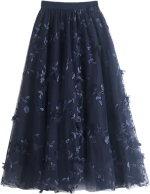 Cute Floral High Waisted Tulle Skirts for Women Trendy Summer Pleated Layered Mesh Long Flowy A Line Midi Fairy Skirt