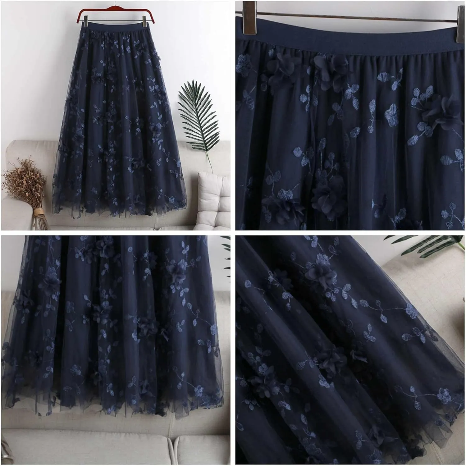Cute Floral High Waisted Tulle Skirts for Women Trendy Summer Pleated Layered Mesh Long Flowy A Line Midi Fairy Skirt