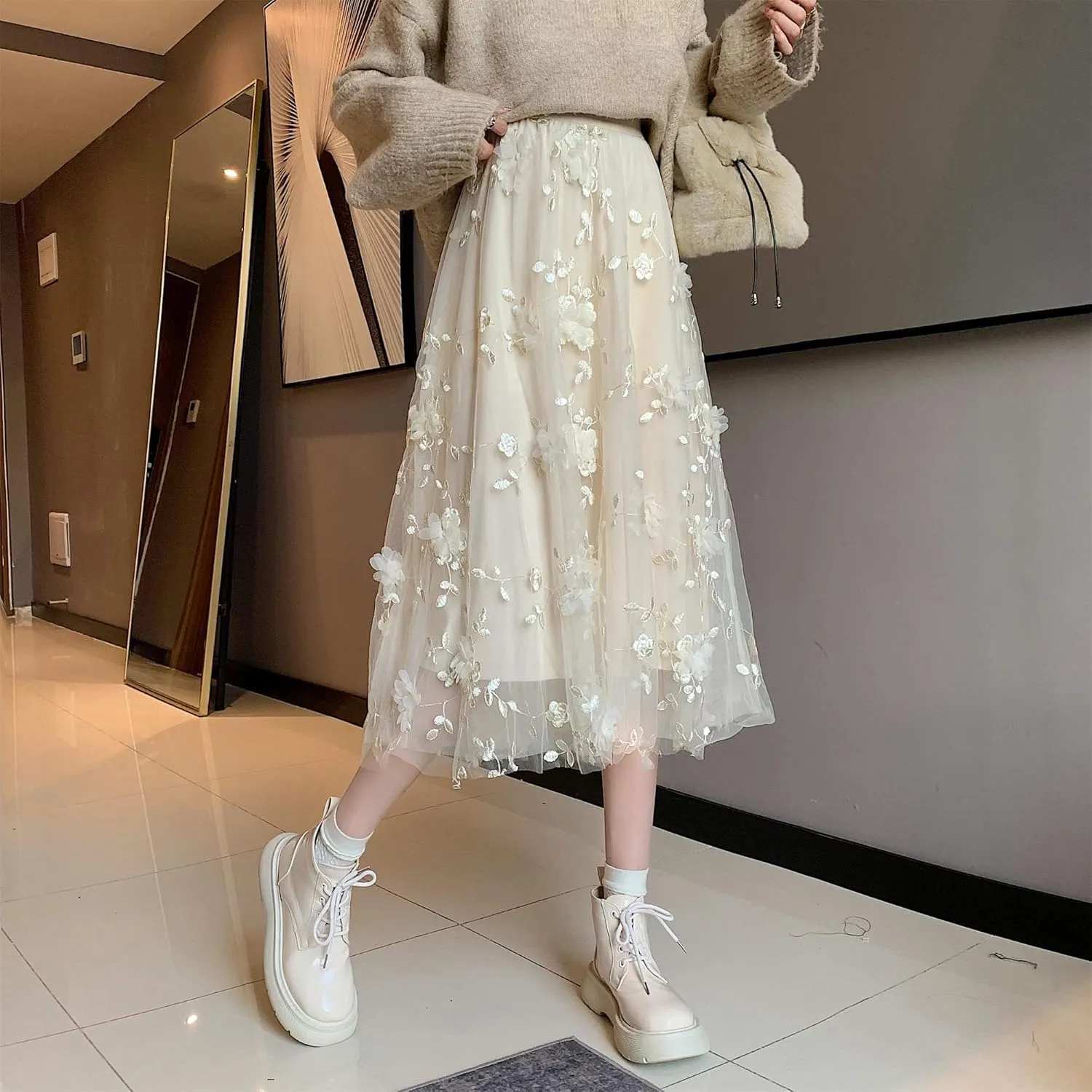 Cute Floral High Waisted Tulle Skirts for Women Trendy Summer Pleated Layered Mesh Long Flowy A Line Midi Fairy Skirt