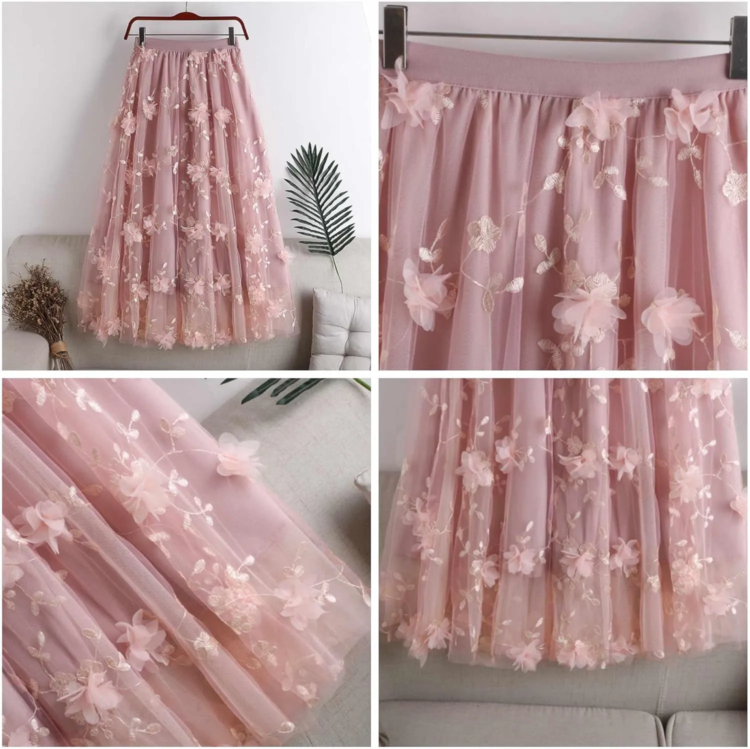 Cute Floral High Waisted Tulle Skirts for Women Trendy Summer Pleated Layered Mesh Long Flowy A Line Midi Fairy Skirt