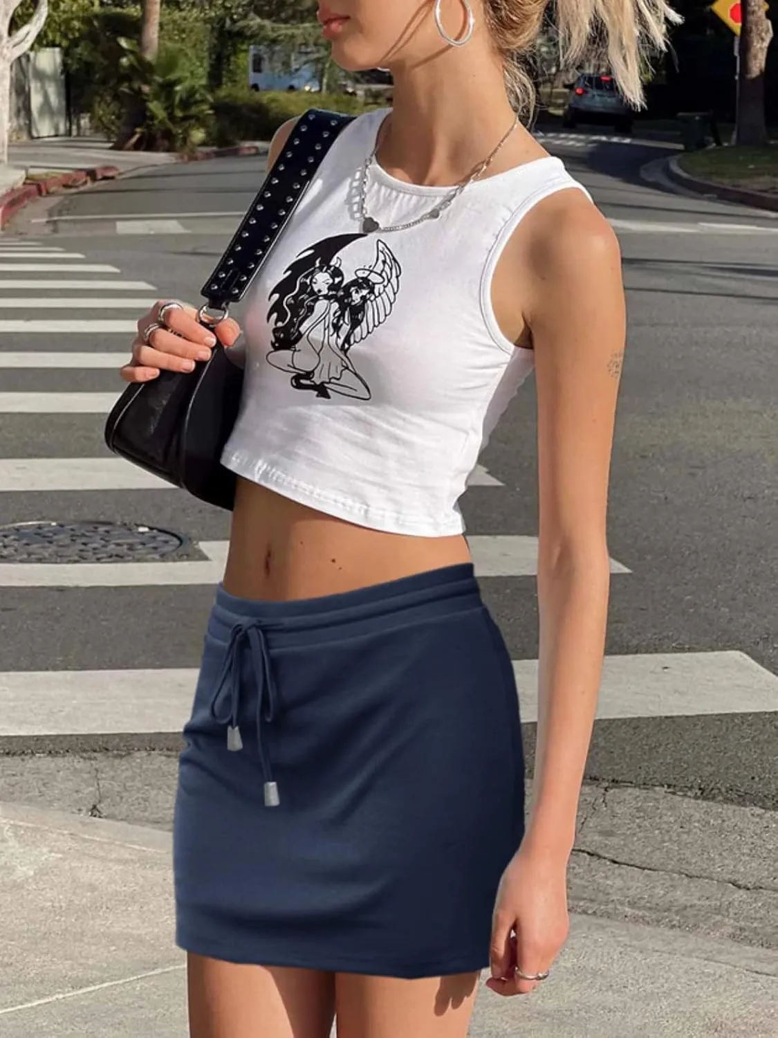 DAOMUMEN Women's Casual Mini Skirt Drawstring Summer High Waist Bodycon Short Skirts