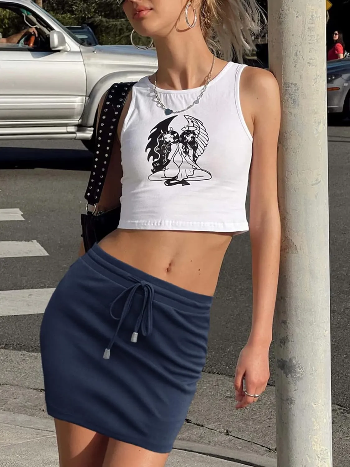 DAOMUMEN Women's Casual Mini Skirt Drawstring Summer High Waist Bodycon Short Skirts
