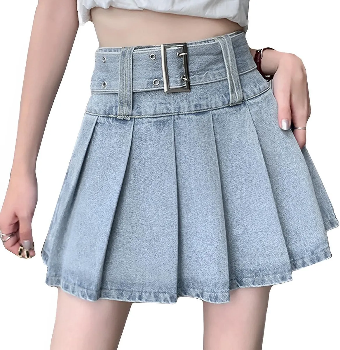 Denim Skirt Y2K High Waisted Pleated Vintage Casual Jean Mini Skirt with Shorts Underneath Women's Skirt