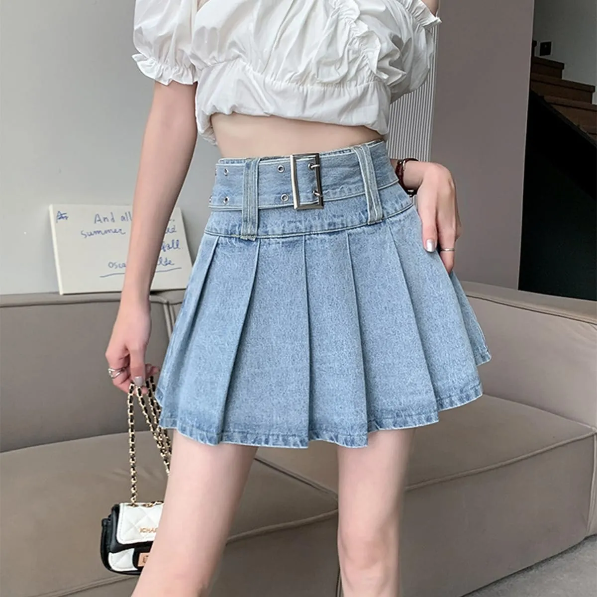 Denim Skirt Y2K High Waisted Pleated Vintage Casual Jean Mini Skirt with Shorts Underneath Women's Skirt