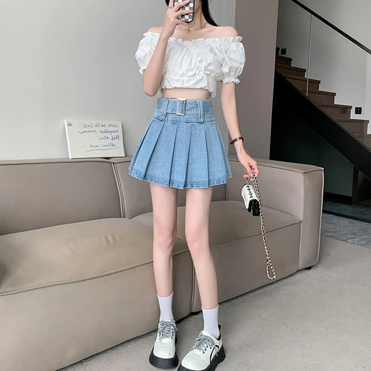 Denim Skirt Y2K High Waisted Pleated Vintage Casual Jean Mini Skirt with Shorts Underneath Women's Skirt