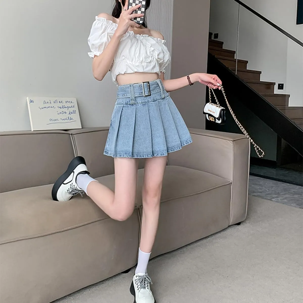 Denim Skirt Y2K High Waisted Pleated Vintage Casual Jean Mini Skirt with Shorts Underneath Women's Skirt