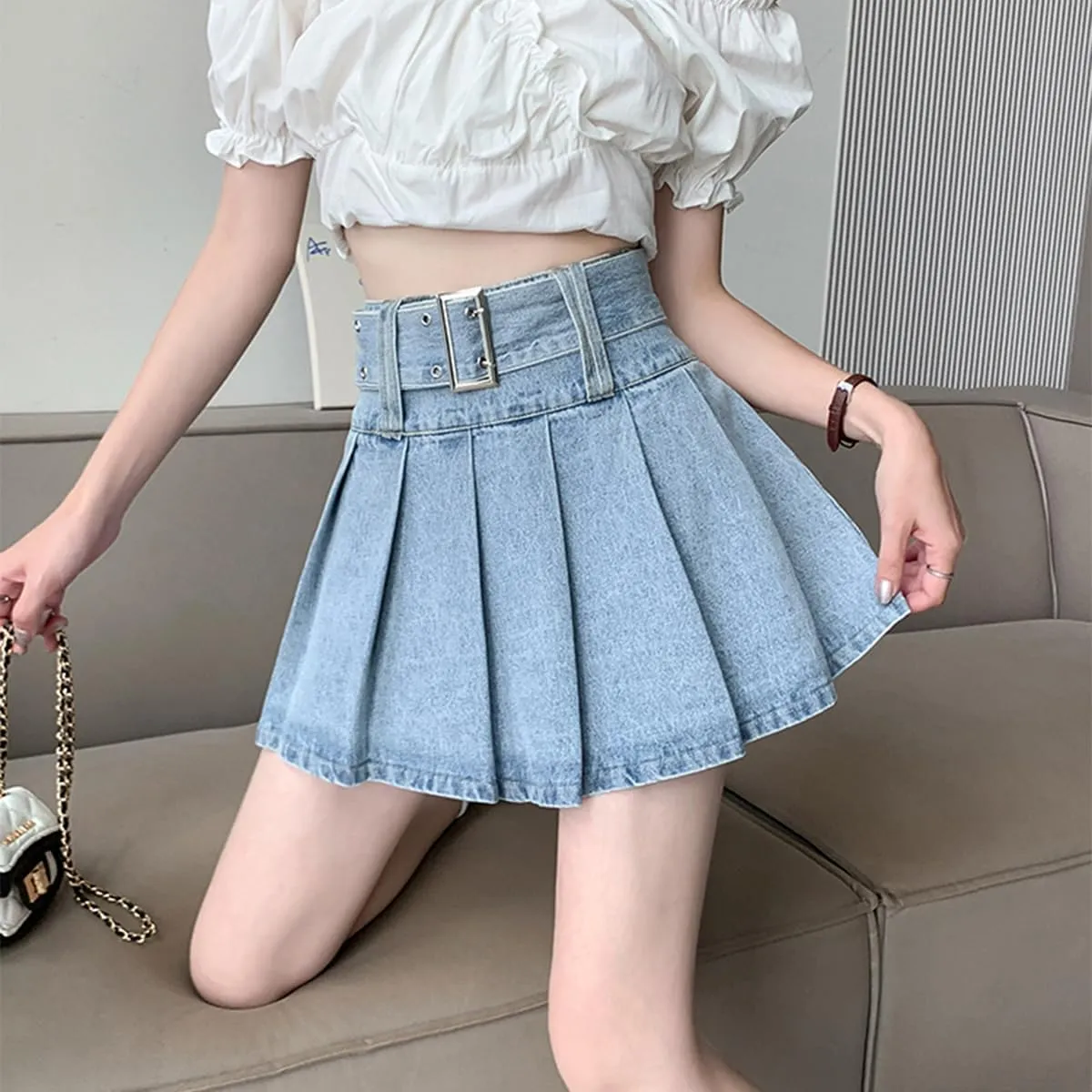 Denim Skirt Y2K High Waisted Pleated Vintage Casual Jean Mini Skirt with Shorts Underneath Women's Skirt