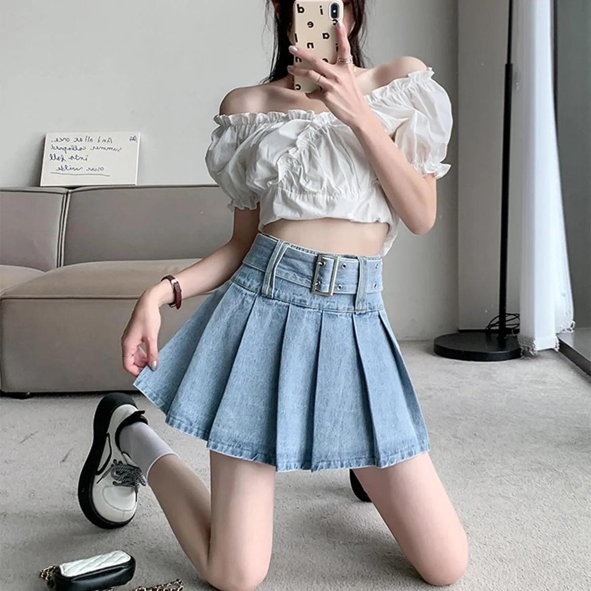 Denim Skirt Y2K High Waisted Pleated Vintage Casual Jean Mini Skirt with Shorts Underneath Women's Skirt