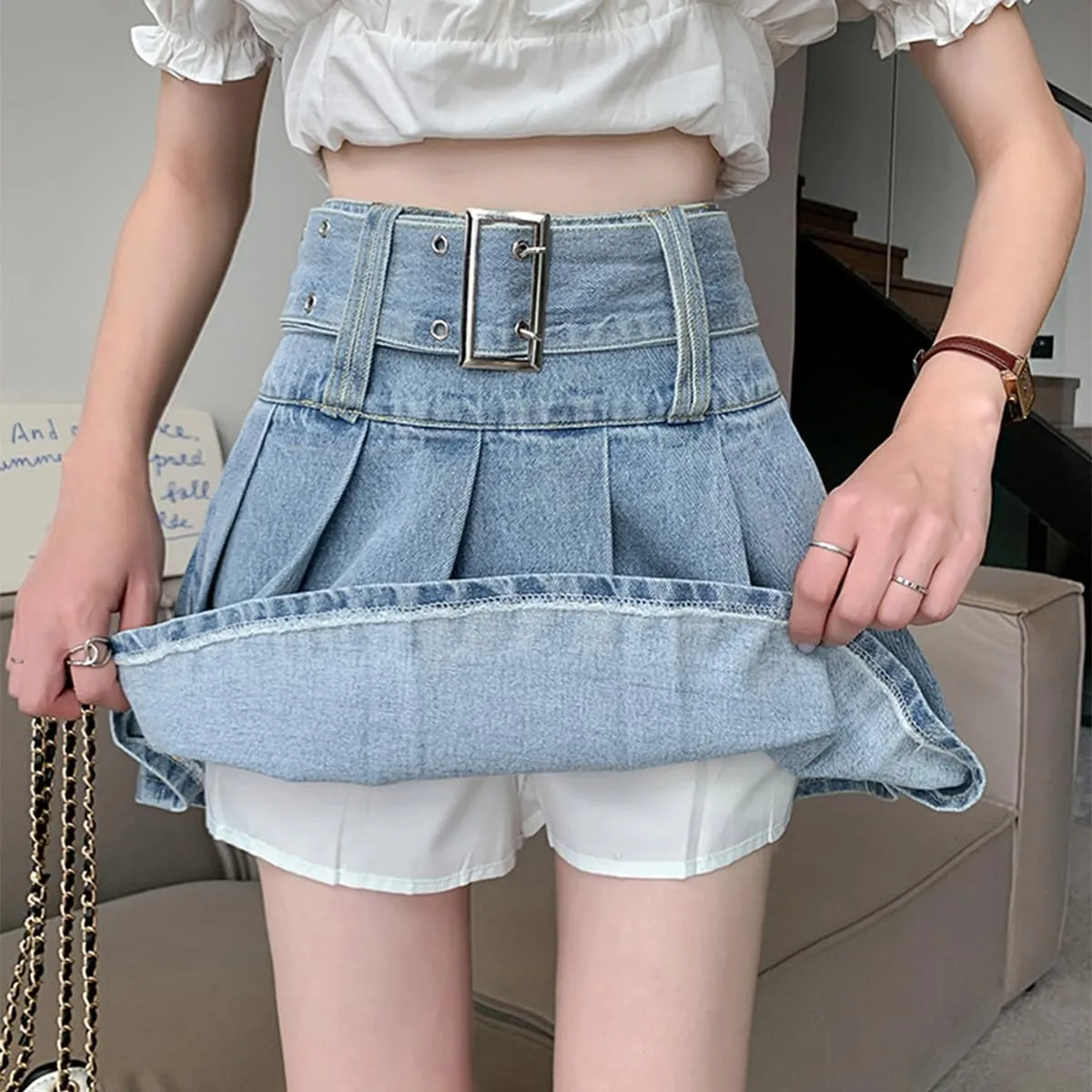 Denim Skirt Y2K High Waisted Pleated Vintage Casual Jean Mini Skirt with Shorts Underneath Women's Skirt