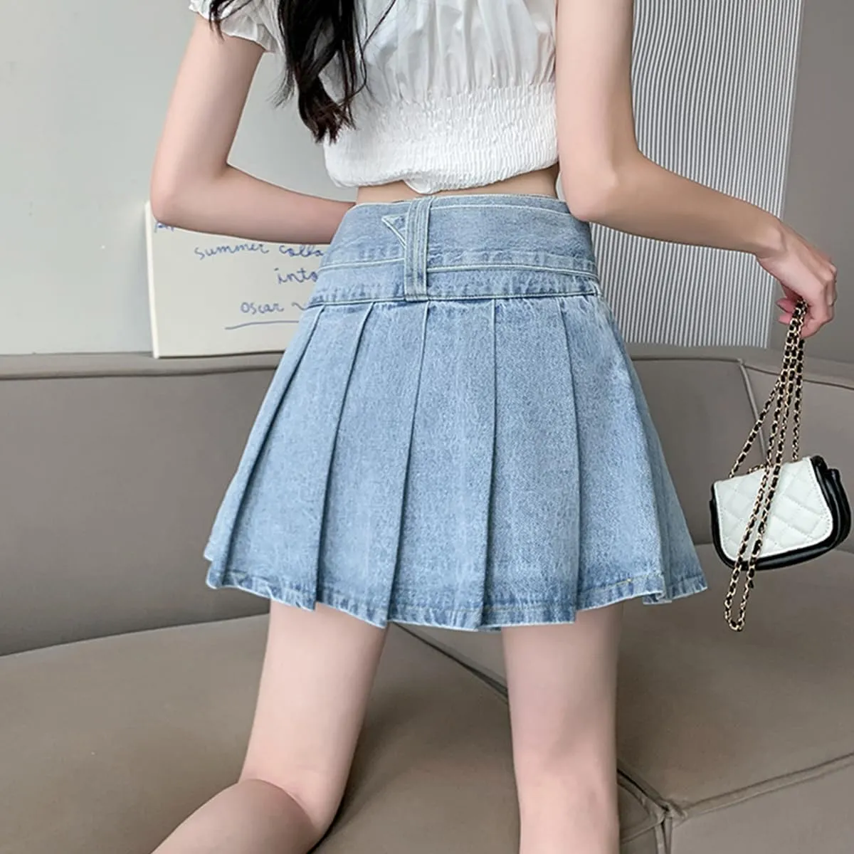 Denim Skirt Y2K High Waisted Pleated Vintage Casual Jean Mini Skirt with Shorts Underneath Women's Skirt